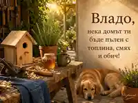 Имен ден за Владо с дървена работилница, куче и топъл български надпис