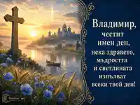 Картичка за Владимир с изгрев, православен кръст и тържествен български надпис