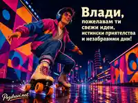 Ретро-футуристична картичка за Влади с ролкови кънки и неонов град