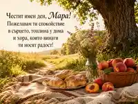 Топла картичка за имен ден на Мара с пикник, праскови и златна светлина