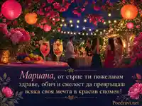 Вечерна градинска картичка за Мариана с цветя, фенери и топли светлини