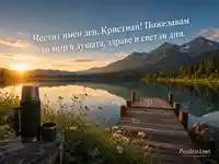 Картичка за имен ден на Кристиан с езеро, планини и топло пожелание