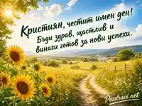Лятна картичка за имен ден на Кристиян със слънчогледи и бял кон