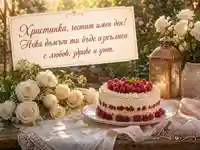 Топла картичка за имен ден на Христинка с рози, торта и фенер
