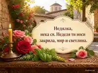 Православна картичка за Недялка със свещ, рози и благослов за Св. Неделя