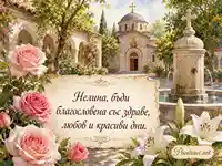 Светъл храмов двор с рози, лилии и благословия за Нелина на Св. Неделя