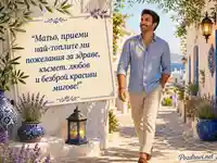 Картичка за имен ден на Матьо със средиземноморска лятна сцена