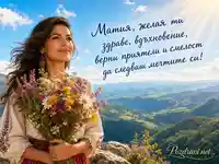 Лятна картичка за Матия с букет диви цветя и планинска панорама