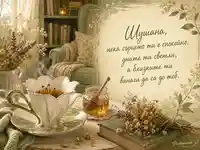 Уютна картичка за имен ден на Шушана с чай, мед и сухи цветя