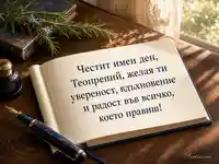 Елегантна картичка за имен ден на Теопрепий с писалка, бележник и топла слънчева светлина