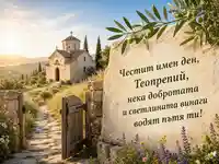 Картичка за имен ден на Теопрепий с православен параклис, отворена порта и топло пожелание