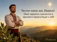 Имен ден на Ивайло с планински пейзаж и пожелание за здраве, смелост и щастие