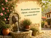 Вълкадин край каменна чешма с рози и пожелание за имен ден
