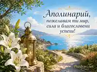 Морска картичка за Аполинарий с бели лилии, месингов фенер и благословено пожелание