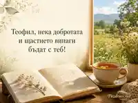 Топла лятна картичка за Теофил с дневник, чай, полски цветя и пожелание