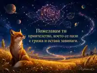 Лисица под розово съзвездие с послание за вечно приятелство