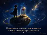 Звезден пътешественик, роза под стъклен похлупак и български надпис за светлина