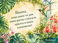 Картичка за Янина с тропическа оранжерия и пожелание за надежда, красота и вдъхновение
