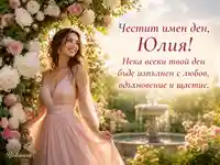 Имен ден на Юлия с розова градина, фонтан и нежно празнично послание