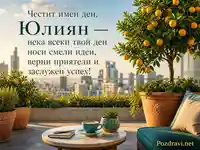 Слънчев поздрав за имен ден на Юлиян с цитрусово дърво и градска тераса