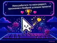 Неонова пиксел арт картичка за Деня на програмиста с курсор, клавиатура и трофей