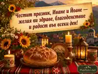 Празнична картичка за Иван и Йоан с обреден хляб, цветя и планинска атмосфера