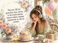 Честит 16-ти рожден ден с момиче, слушалки, цветя и пастелни балони