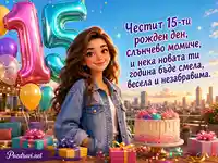 Цветна 3D картичка за 15-ти рожден ден на слънчево момиче
