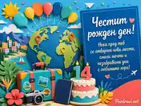 Детска картичка за рожден ден с глобус, балони, куфар и торта 14