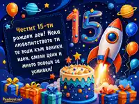 Космическа картичка за детски 15-ти рожден ден с ракета и торта
