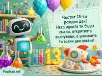 Научен детски рожден ден с робот, ракета торта и светещо число 13