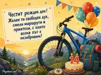 Приключенска детска картичка за рожден ден с велосипед и торта за 14 години