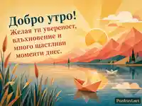 Добро утро с изгрев, спокойно езеро, планини и пожелание за щастлив ден