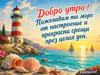 Добро утро с морски изгрев, фар и пожелание за прекрасен ден