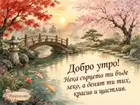 Добро утро в японска градина с кои, мост и пожелание за красив ден
