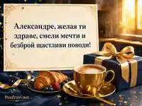 Елегантна картичка за имен ден на Александър със златна чаша и подарък