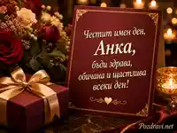 Имен ден на Анка с бордо картичка, рози, подарък и свещи