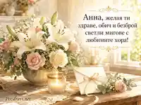 Топла картичка за имен ден на Анна с лилии, рози и светъл поздрав
