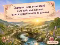Приказна картичка за имен ден на Катрин с мост, изгрев и цветя