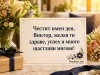 Топла картичка за имен ден на Виктор със стилен букет, подарък и лично пожелание