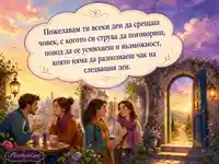 Приказна картичка за имен ден с пожелание за срещи, усмивки и нови възможности
