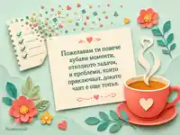 Забавно пожелание за имен ден с топъл чай и цветни конфети