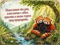 Акварелна картичка с две червени панди сред природата
