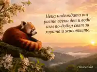 Картичка с червена панда, изгрев и послание за надежда