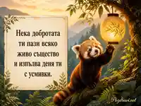 Топла картичка с червена панда, фенер и послание за доброта към животните