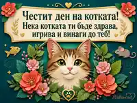 Цветна картичка за Международния ден на котките с мило пожелание