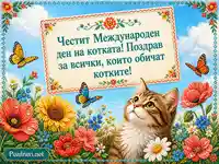 Пъстра картичка с котка и цветя за Международния ден на котките