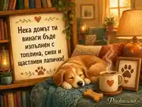 Уютна картичка със спящо куче и пожелание за топлина и щастливи лапички