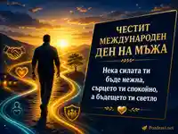 Картичка за Международния ден на мъжа със силует, изгрев и светло пожелание