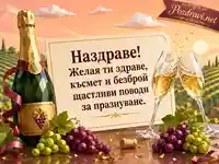 Празнична картичка за наздраве със шампанско, чаши и пожелание за щастие